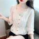 Fashion temperament embroidery waist slimming three-quarter sleeve shirt 2022 autumn new gentle sweet chiffon top women