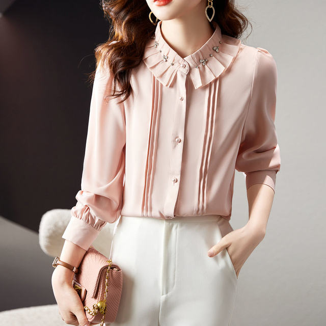 Falbala stand collar diamond-studded white shirt 2023 autumn new elegant commuting OL long-sleeved chiffon shirt foreign style top