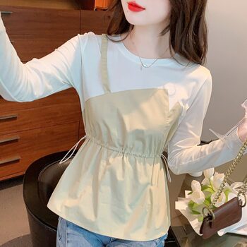 Waist top women's long-sleeved autumn 2022 new design sense niche stitching small shirt fake two-piece all-match cotton t-shirt