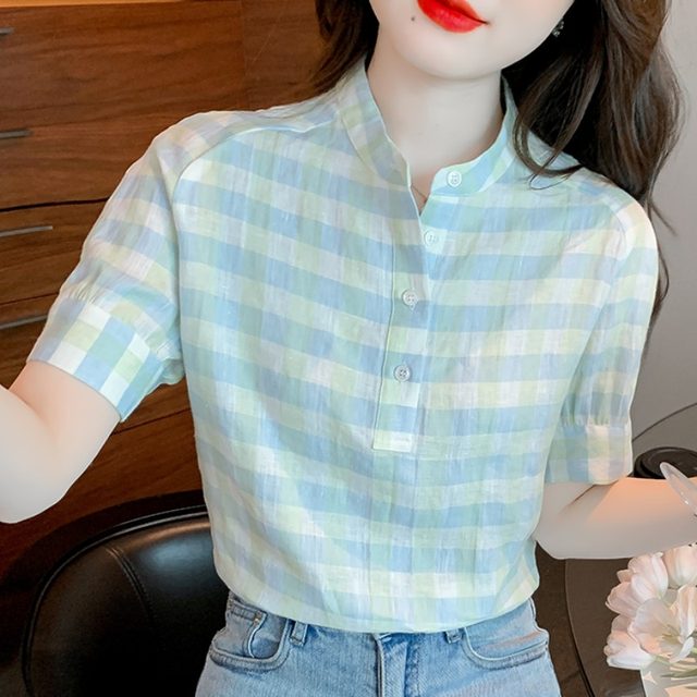Summer French design plaid v-neck short-sleeved shirt women's contrasting stripes thin pullover temperament cotton and linen top