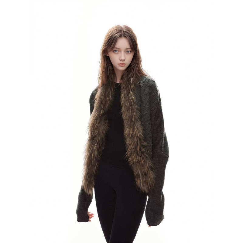 American-Style Spicy Girl Fur Collar Long-Sleeve Knitted Cardigan for Women, Autumn and Winter, Lazy Design, High-End Feel, Niche Retro Jacket
