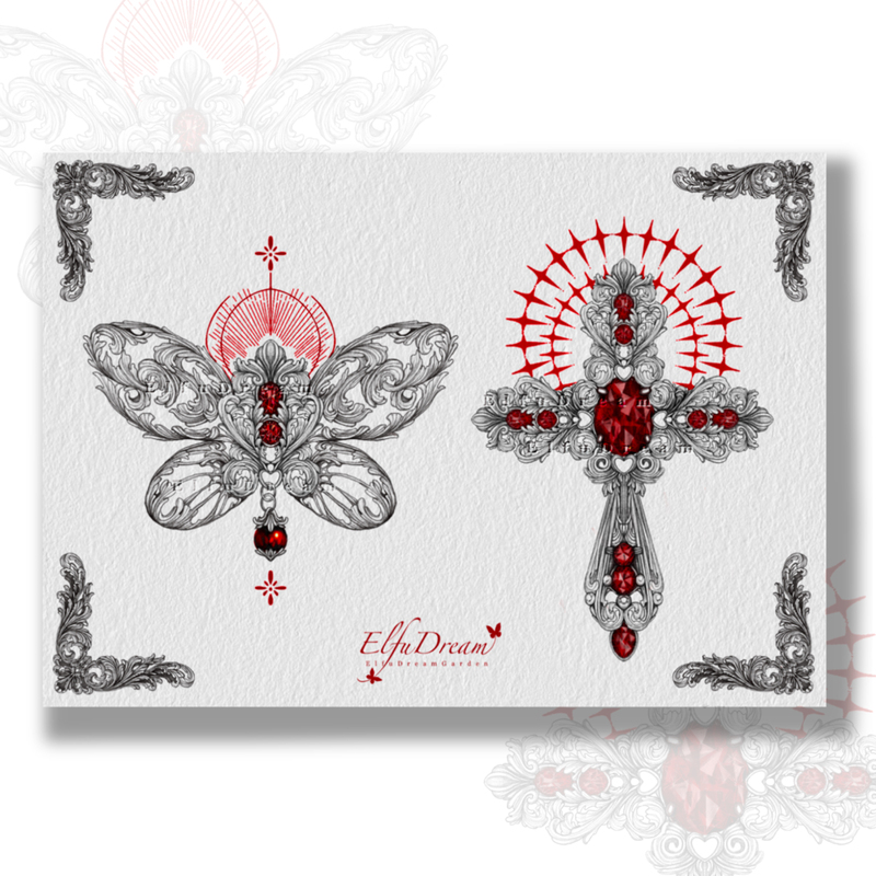 Elfudream Original Tattoo Stickers, Scarlet Baroque Cross and Butterfly Structure Recombination, A6 Size Elfudream Original Tattoo Stickers, Scarlet Baroque Cross and Butterfly Structure Recombination, A6 Size