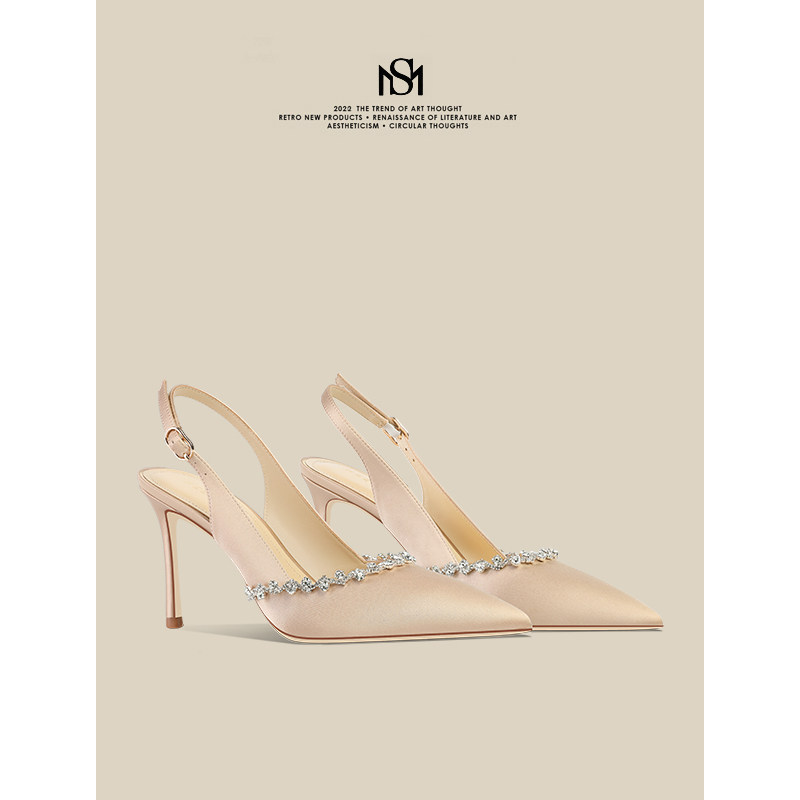 MESIRA rice Poetry salad champagne satin back sky High heels Shoes Woman Fashion Water Drill Bridal Shoes Bridesmaid Single Shoes-Taobao
