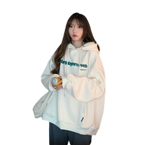 Winter new Korean style loose printed letters plus velvet thickened pullover hooded sweatshirt for women mid-length simple and versatile