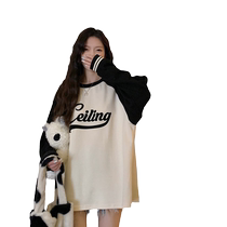 2023 Autumn New American Retro Contrast Color Raglan Sleeve Top Womens Mid-Length Round Neck Long Sleeve Lazy Style Sweater