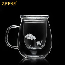 ZPPSN Inlaid silver heat-resistant glass tea water separation flower tea cup with handle transparent filter with lid Office tea cup