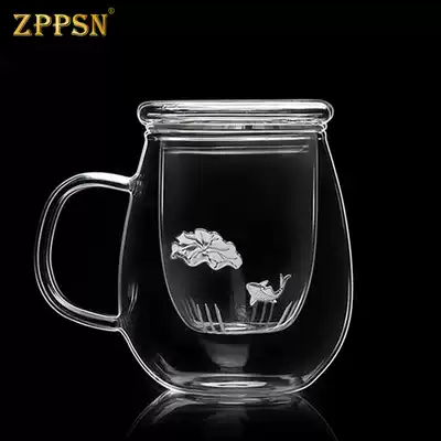ZPPSN Inlaid silver heat-resistant glass tea water separation flower tea cup with handle Transparent filter with lid Office tea cup