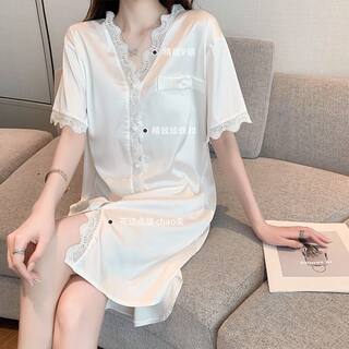 Pajamas for women summer short-sleeved chiffon ice silk nightgown women summer sexy white new style mid-length spring and autumn Internet celebrity hot style