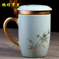 Ru kiln office cup tea set ceramic creative office cup brew tea cup tea separation filter with lid male and female soil water cup