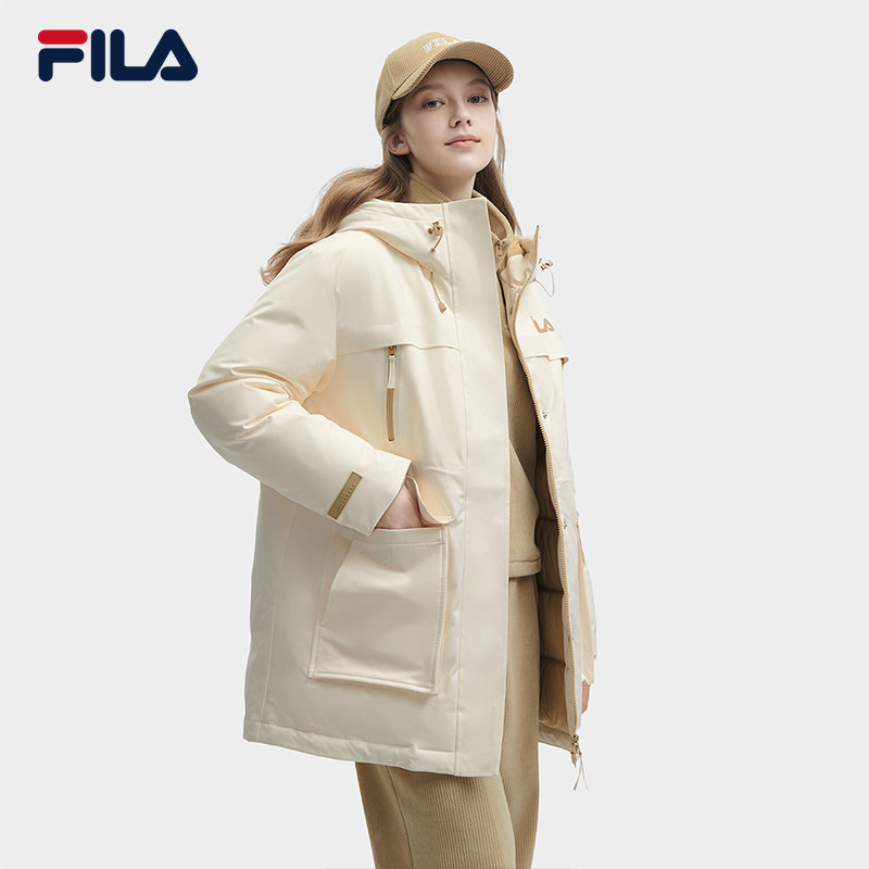 Fila Official Women's Mid-Length down Jacket 2023 Winter Comfortable Hooded Jacket F61W549904F