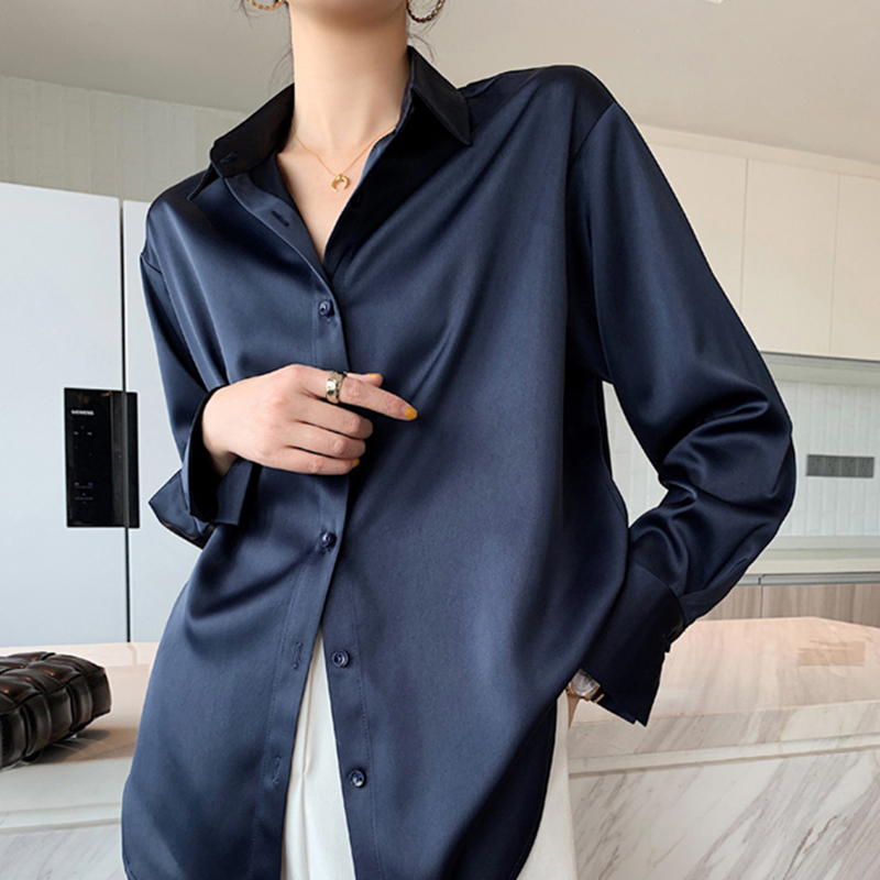 Blue Shirt for Women, New 2025 Long-Sleeve, Loose Fit, Versatile, Light Luxury, High-End Satin Shirt with a Unique Design Blue Shirt for Women, New 2025 Long-Sleeve, Loose Fit, Versatile, Light Luxury, High-End Satin Shirt with a Unique Design
