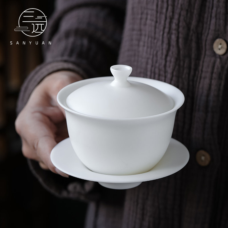 Sanyuan listening to sound three Cai Bowl home goat Jade white porcelain Dehui high-end kung fu tea set Tea Cup pot size