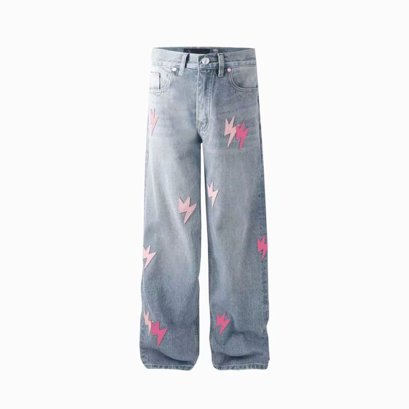 Amexnocap Lightning Jeans Pink American Retro Patchwork Washed Loose Straight-Leg Unisex High Street Pants