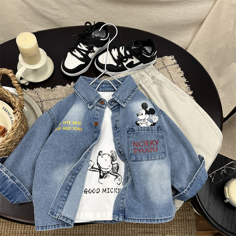 Bunanaer 2026 Children's Original A-Class Denim Shirt, New Spring and Autumn Style, Unisex Baby Korean Cartoon Shirt, Trendy
