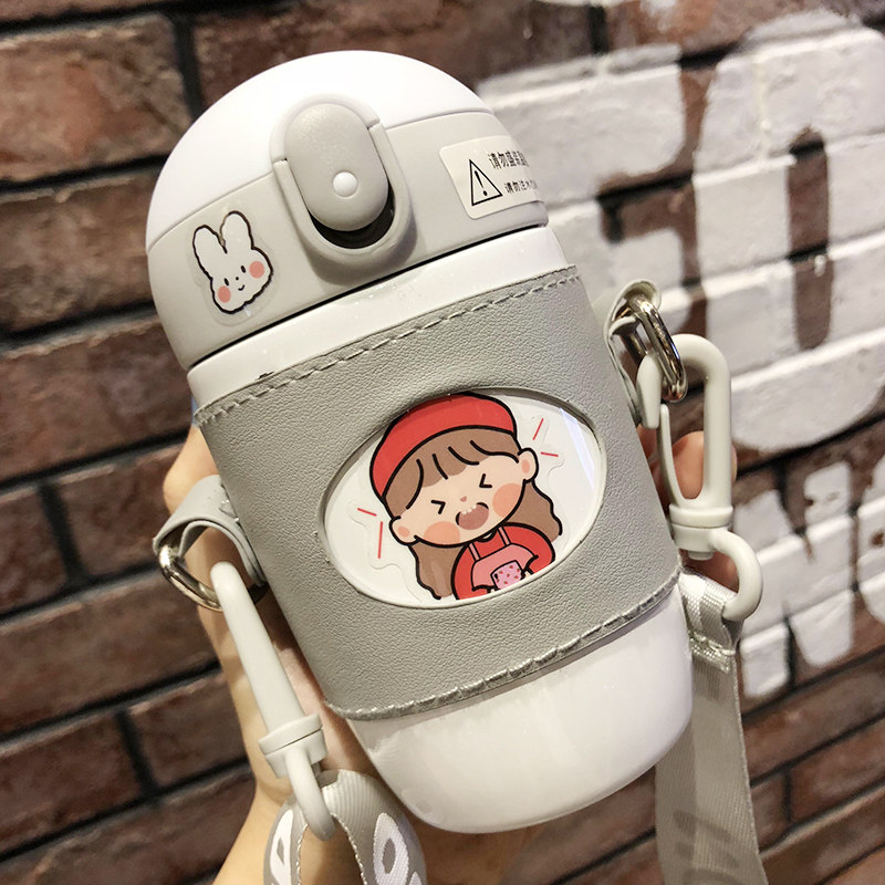 Children's thermos cup with straw water cup cute kindergarten drop cross-body cup portable carrying elementary school student water bottle out