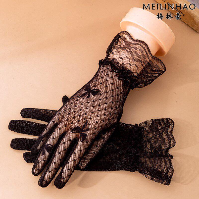 Women's sun protection lace gloves, full-finger mesh hollow-out lightweight style, suitable for brides, wedding dresses, etiquette, white, outdoor cycling.