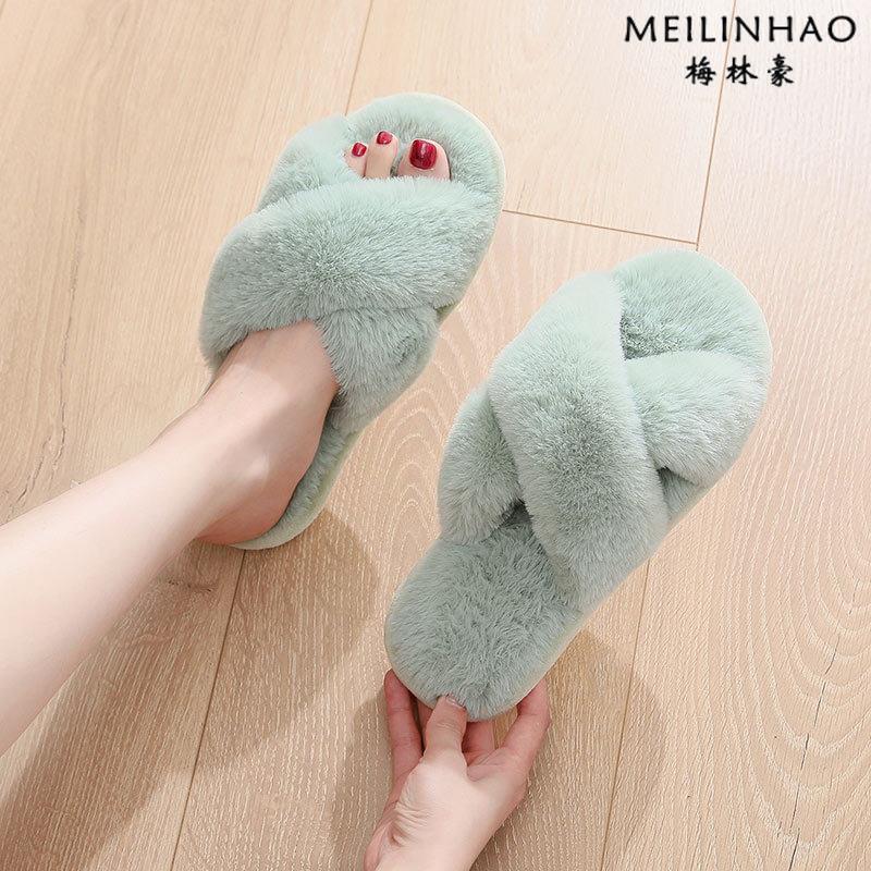 Red Leopard Print Home Use Furry Slippers for Women, Autumn and Spring Outdoor Wear, Flat Non-Slip Open-Toe Cross-Strap Furry Cotton Slippers