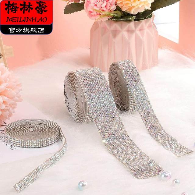 Long 1m Adhesive Mesh Rhinestone Craft Stickers for Furniture, Clothing, and Accessories, Self-Adhesive, Tearable, Directly Stickable, Diy, Customizable Cut
