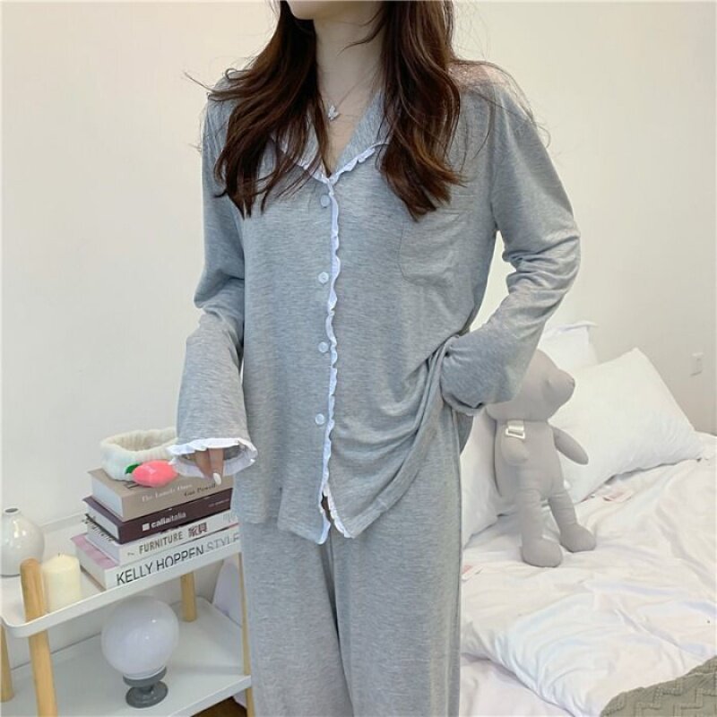 Net red cardiovert pyjamas women's spring and autumn long sleeves lotus leaf side ins student Korean version home with less lady two suits