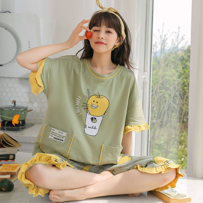 Pure Cotton Pyjamas Lady Summer Thin loose 7 Pants Short Sleeve Home clothing Han version Two summers