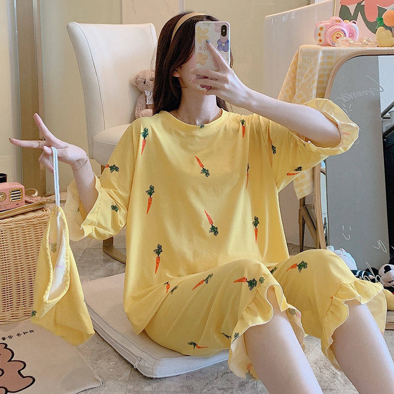 Send Cashier Bag 70% Sleeves Round Collar Pyjamas Pants Sets Lady Fall New Korean Version Cartoon Casual Loose home clothes