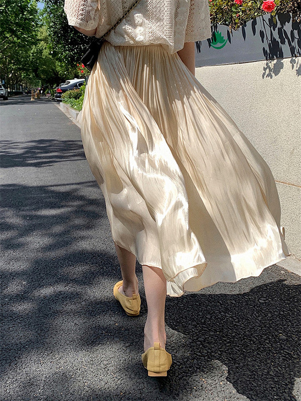 French Champagne-Colored Skirt for Women, Summer Mermaid Pleated A-Line Skirt, Slimming Mid-Length High-Waisted Flowing Skirt French Champagne-Colored Skirt for Women, Summer Mermaid Pleated A-Line Skirt, Slimming Mid-Length High-Waisted Flowing Skirt