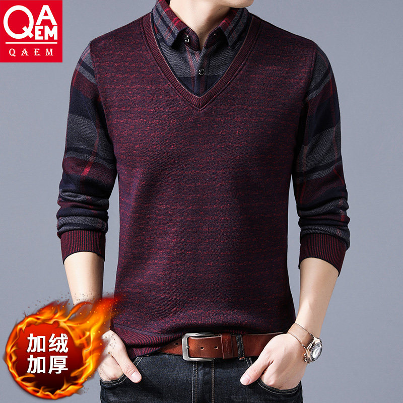 秋冬季加绒男士毛衣假两件2019新款保暖衬衫领商务男士针织打底衫