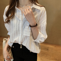 Movanu temperament Net red Joker loose slim shirt female 2021 summer new Korean striped light mature wind top