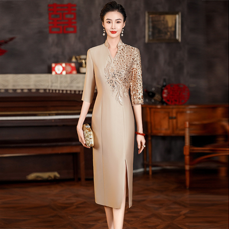 slim fit dress slacks Zapaka Women Champagne Flower Wedding Guest Dress Off The Shoulder Sheath Long Evening Dress, Champagne Flower / US14 main image 1