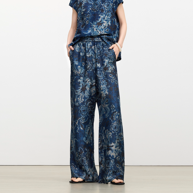 Chensmchen【Blue and White Porcelain】Printed Reversible Mulberry Silk Casual High-Waisted Wide-Leg Straight Pants for Women Summer