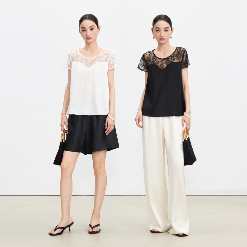 Chensmchen【Versatile Shirt】Silk Mulberry Silk Lace Embroidered Short-Sleeved T-Shirt New Chinese Style Base Top Chensmchen【Versatile Shirt】Silk Mulberry Silk Lace Embroidered Short-Sleeved T-Shirt New Chinese Style Base Top
