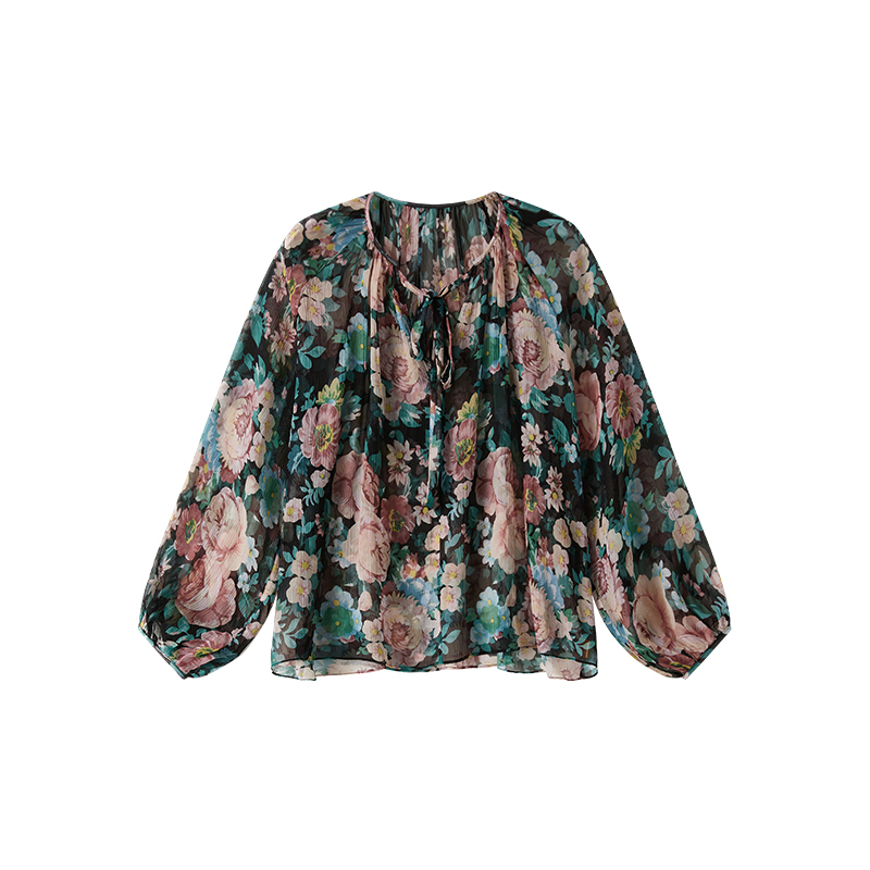 Chensmchen【Fan Benefits】100% Mulberry Silk Floral Print Smooth Silk Tie Shirt for Women Spring