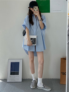 Oversized Blue Shirt Dress for Women, Summer Casual Mid-Length Shirt Jacket, Short-Sleeved Cardigan Top, Hong Kong Style
