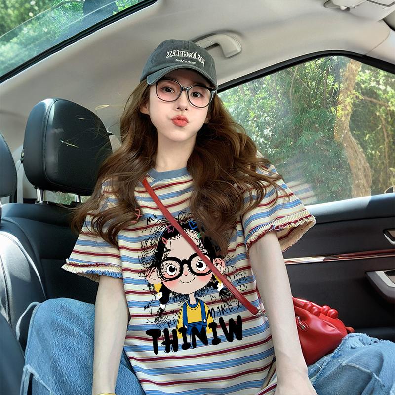 American-Style Lace Striped Pure Cotton Short-Sleeve T-Shirt for Women, Summer New Plus-Size Women's Loose Cartoon Youthful Top Trendy T-Shirt