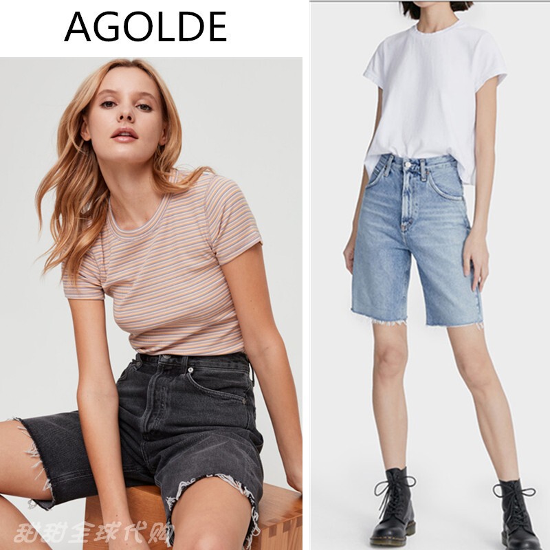 Buy Agolde Denim Shorts for Women from the Usa, with Frayed Edges, Loose Fit, Slimming High-Waisted Straight-Leg Five-Point Cycling Shorts for Women, Summer