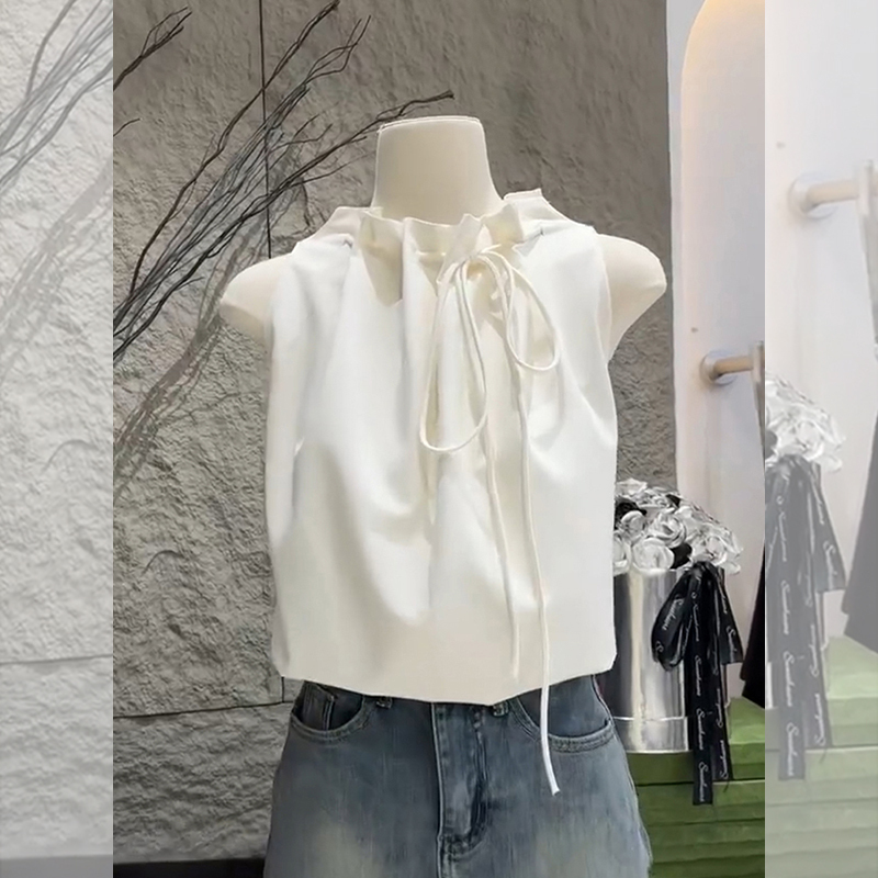 [Same Style as in Shopping Malls] Designer Lace-Up Sleeveless Shirt for Women, Summer Loose Floral Tank Top, White Shirt