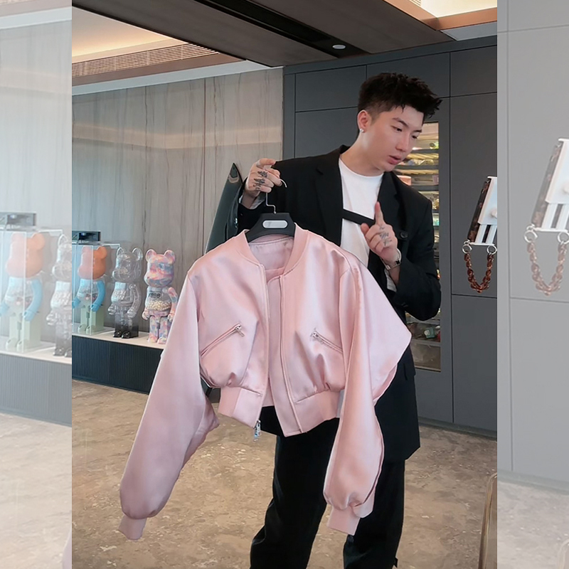 [Same Style as in Physical Stores] American-Style High-End Pink Satin Short Baseball Jacket for Petite Women