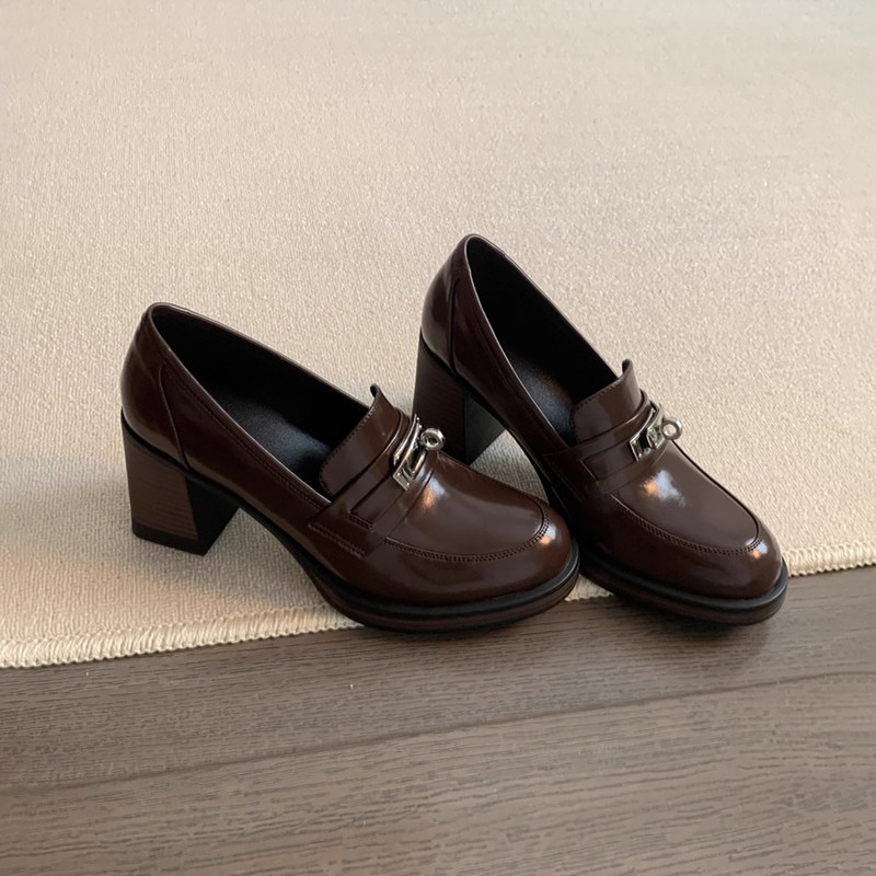Thick-Soled Loafers for Women 2026 New Spring Leather Shoes British Style Chunky Heel High Heel Metal Buckle Small Size Single Shoes Thick-Soled Loafers for Women 2026 New Spring Leather Shoes British Style Chunky Heel High Heel Metal Buckle Small Size Single Shoes