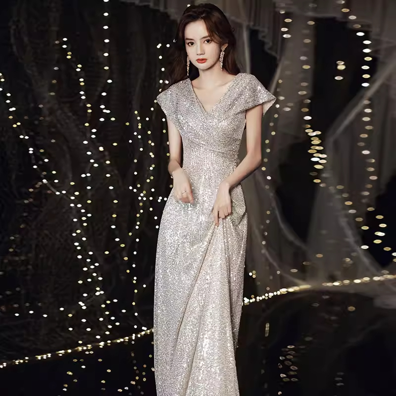 Banquet Evening Dress for Women, High-End Sequin Dress, Light Luxury, Niche Style, Performance Outfit, Host Evening Wear, Annual Meeting Banquet Evening Dress for Women, High-End Sequin Dress, Light Luxury, Niche Style, Performance Outfit, Host Evening Wear, Annual Meeting