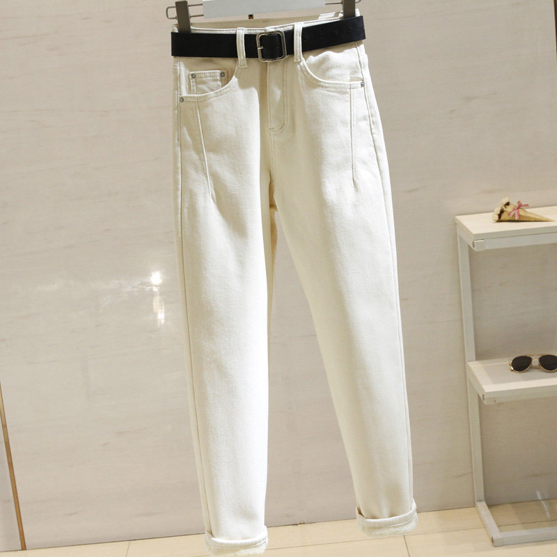 South Korea rice white thicker elastic jeans female autumn and winter 2022 new loose thin and thin old daddy pants