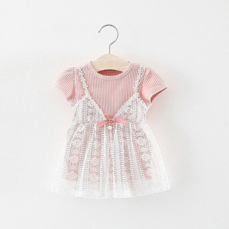 Children's Clothing Girls Summer Short Sleeves Lace Dress Baby Girl Baby 0-1-2-3 Years Old Semi-Princess Skirt Yang Tide