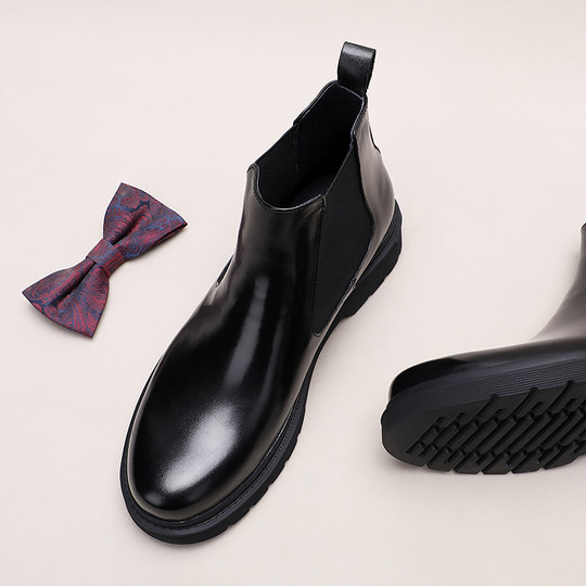 British retro Chelsea boots men's thick-soled short boots round toe high-top casual leather men's shoes plus velvet Martin boots trendy