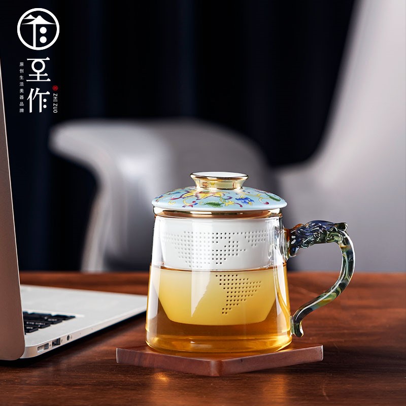 Zhizuo tea cup Tea water separation cup ins wind personal special female household Chinese water cup flower tea cup with handle