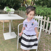 Summer new parent-child mother-daughter girls suits Korean version of the mother-daughter Western-style shirt and striped skirt summer childrens clothing