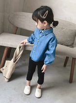 Small and medium-sized childrens girls thin shirt bow casual solid color denim top Korean version all-match spring and autumn denim jacket tide
