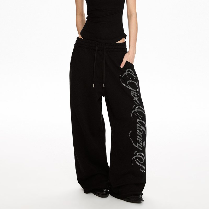 A Puee American Retro Letter Rhinestone Drawstring Sweatpants Unisex Casual Loose Sports Street Dance Cool Casual Pants