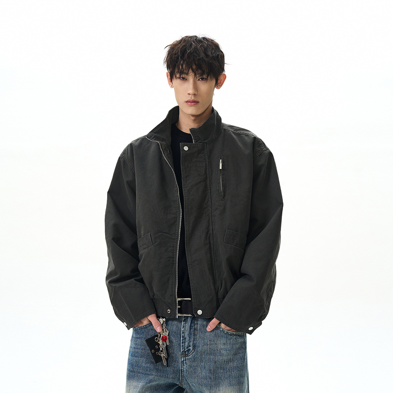 A Puee American Retro High Street Cleanfit Stand-Up Collar Bomber Jacket for Men, Trendy Boxy Short Workwear Jacket
