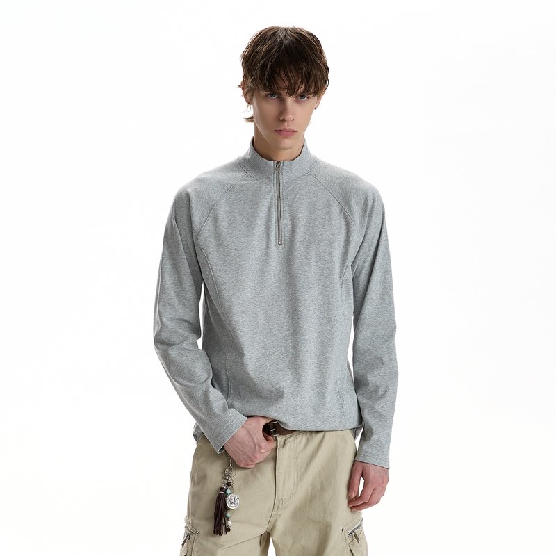 A Puee Deconstructed Design Half-Zip Stand Collar Sweatshirt Cleanfit High-End Feel Regular Shoulder Slimming Long-Sleeve Top