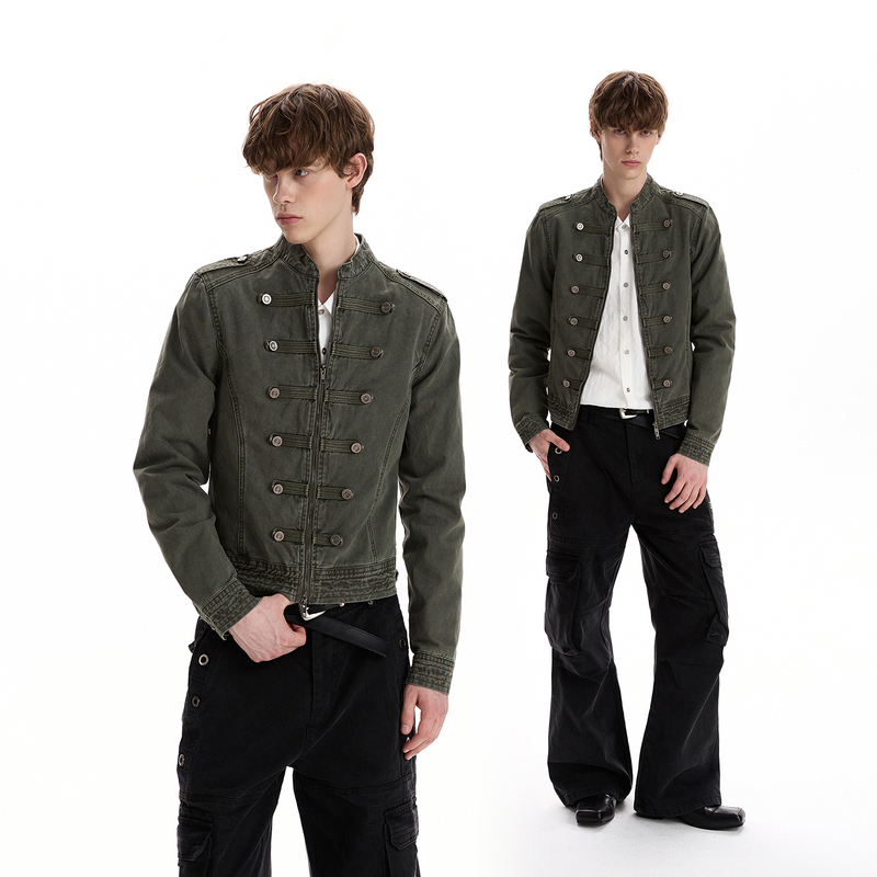 A Puee Vintage Distressed Napoleon Court-Style Modern Jacket for Men and Women, Boxy Short Slim-Fit Buttoned Cool Jacket