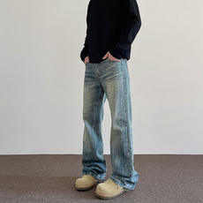 Джинсы мужские a puee美式高街cleanfit猫须竹节纹做旧牛仔裤潮直筒微喇vibe裤子